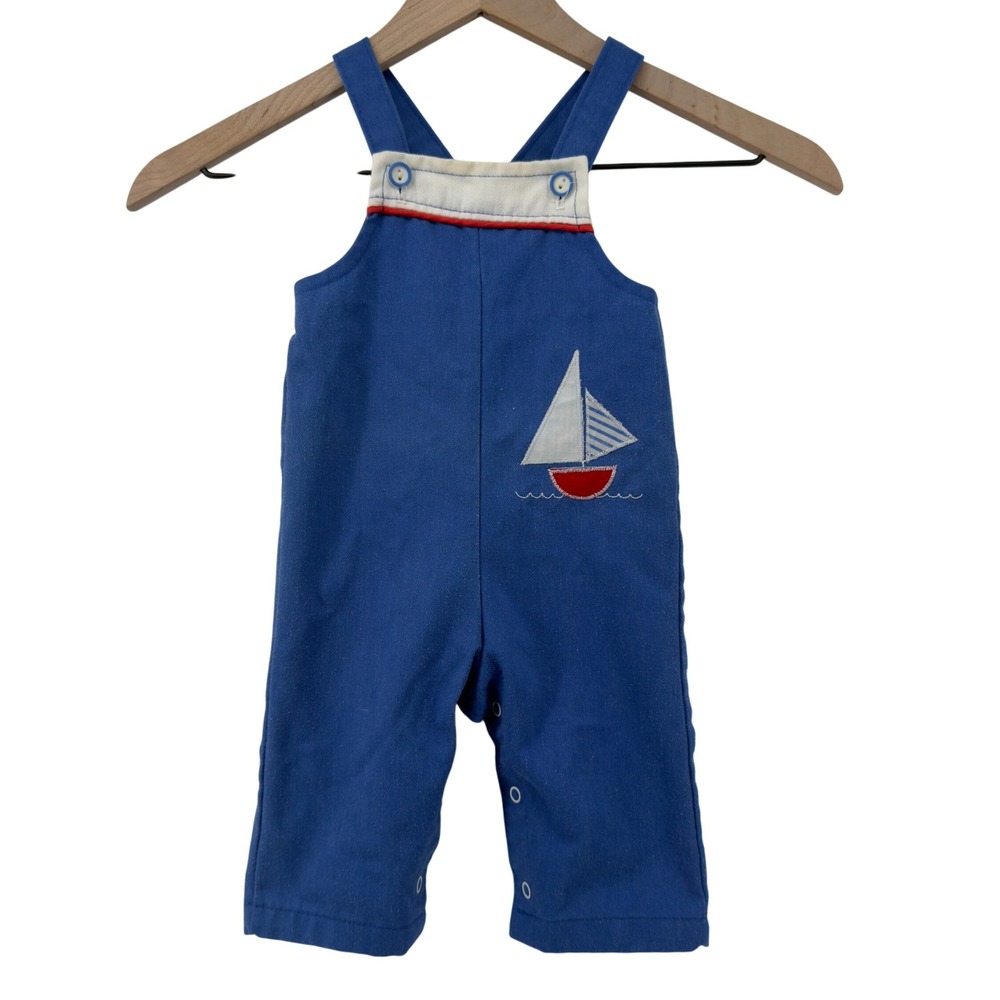 Vtg Health-Tex Baby Overalls Blue Sailboat Applique 9 Mo Snap Bottom Made in USA